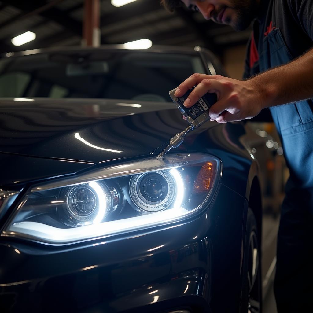 Mechanic inspecting car headlights for proper alignment