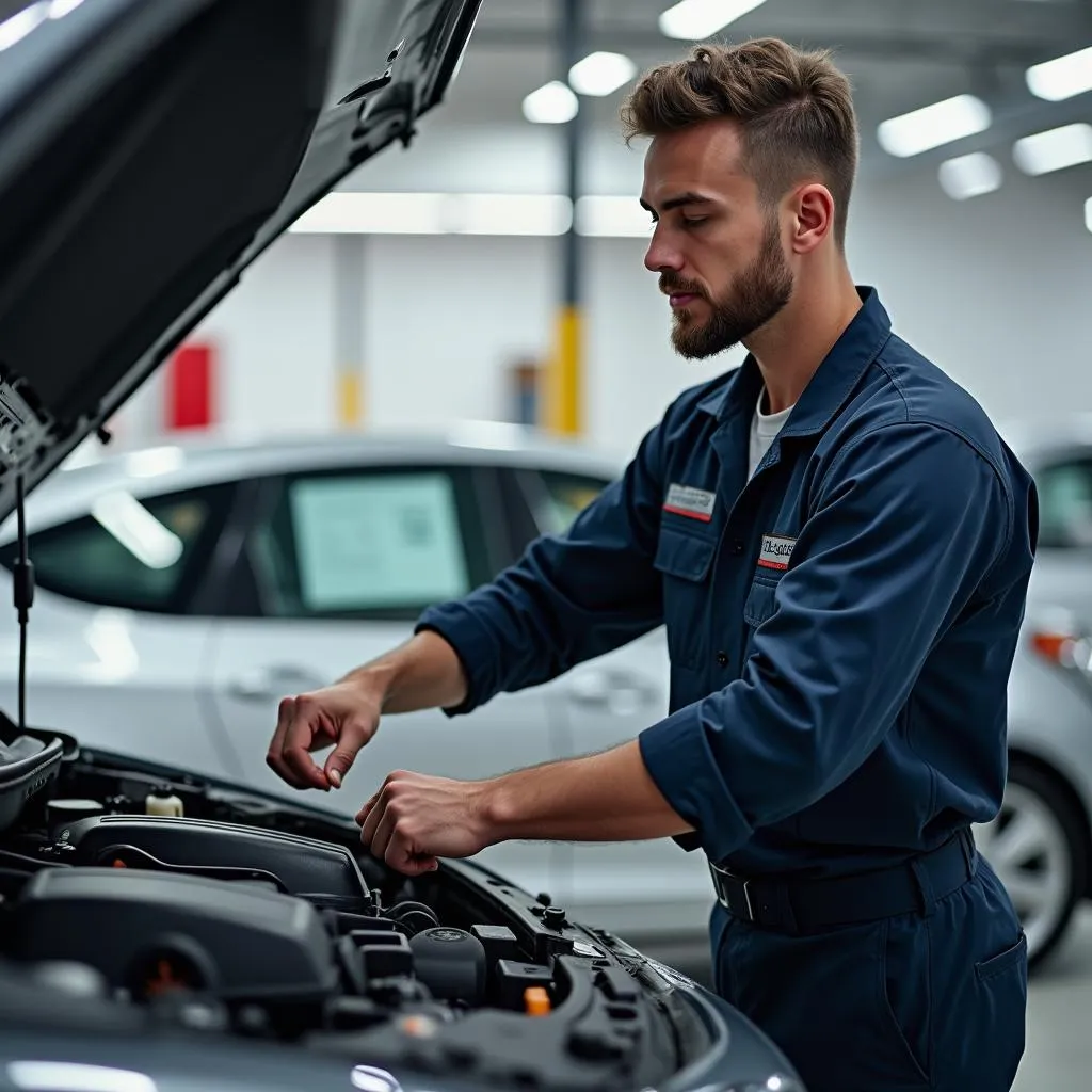 Mechanic inspecting a leased car at a dealership service center.