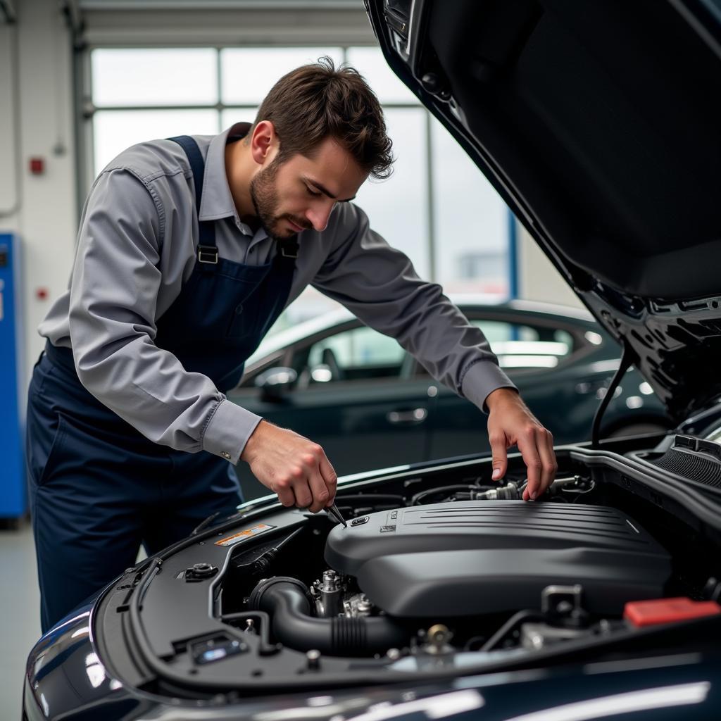 Mechanic Inspecting Luxury Car Engine