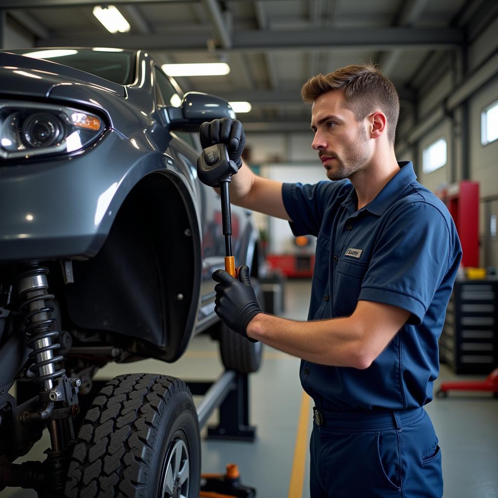 Mechanic diagnosing car power steering problem