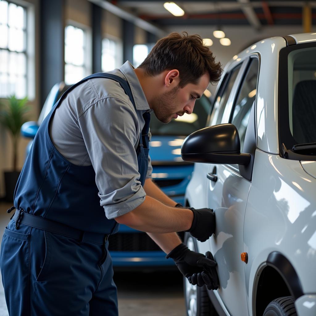 Mechanic inspecting a Smart car in a garage