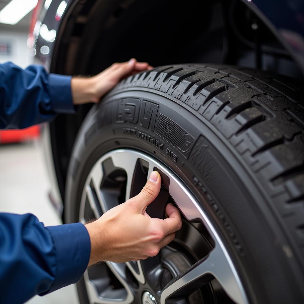 Mechanic Inspecting Tire Wear