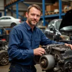 Mechanic meticulously inspecting a used engine