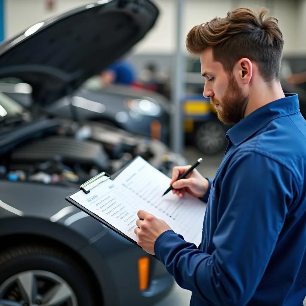 Mechanic checking off a 96-month car service checklist