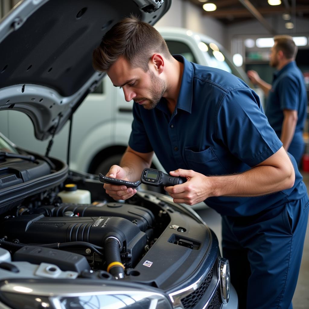 Mechanic checking a car's engine during a service