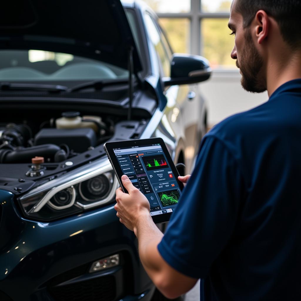 Mechanic performing diagnostics on a car using a digital tablet at a customer's home