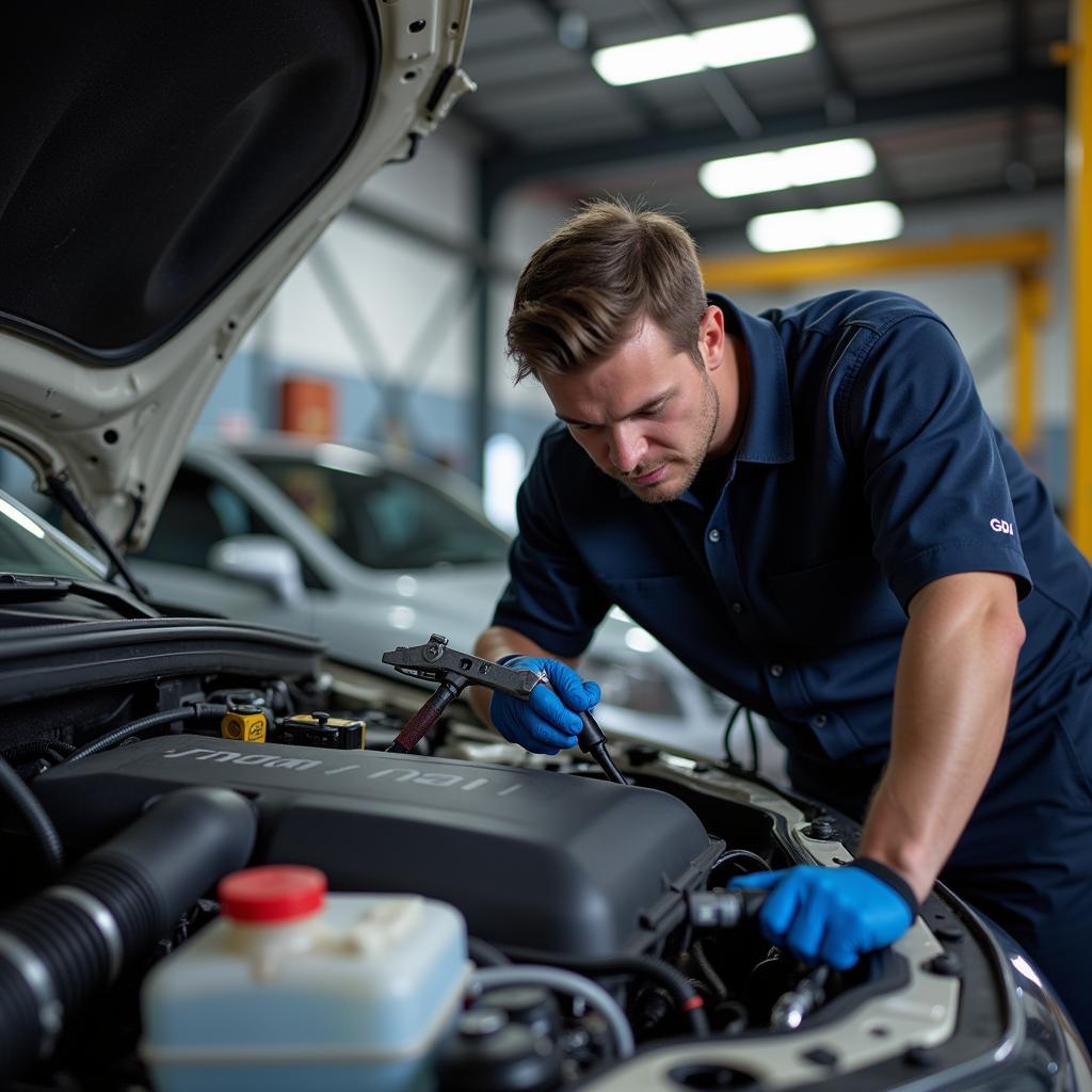  Mechanic performing a GDI service on a car 