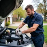 Mechanic Performing In-Home Car Service