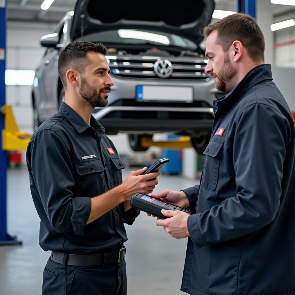 Mechanic performing a pre-purchase inspection on a car