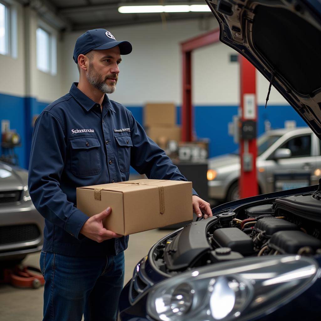 Mechanic Receiving Car Part Delivery