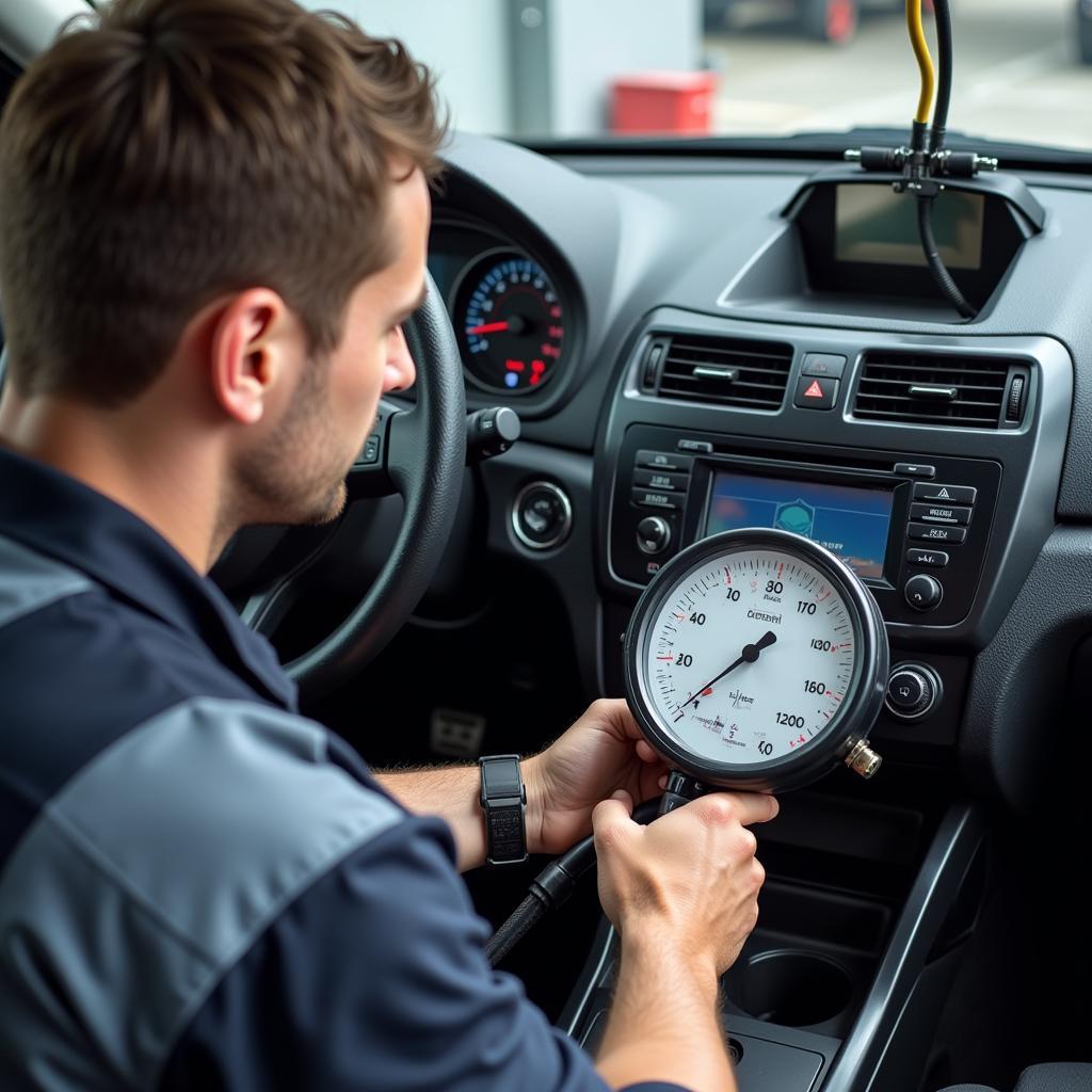 Mechanic recharging car AC refrigerant