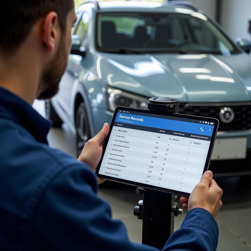 Mechanic reviewing car service history on a digital tablet