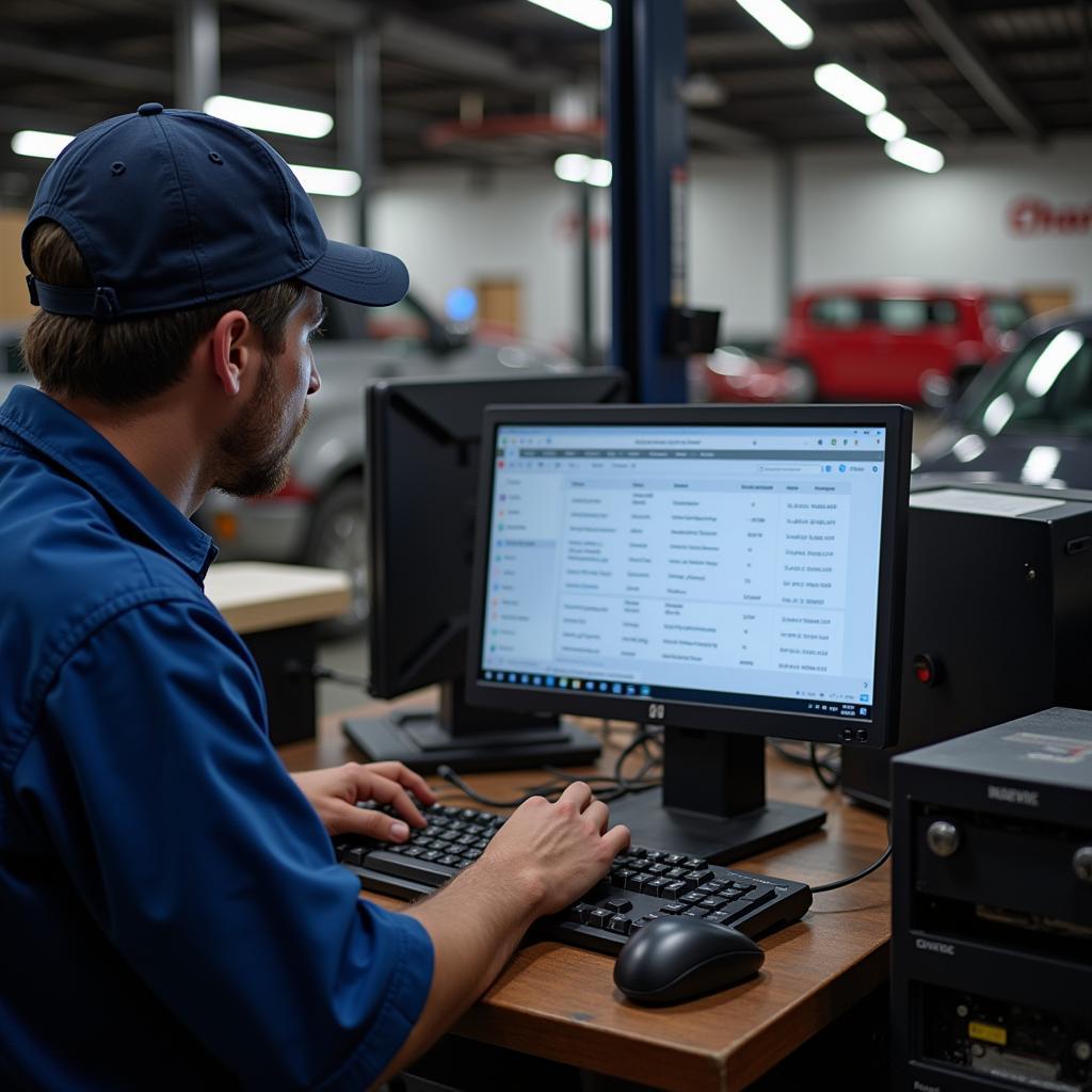 Mechanic reviewing car service history on a computer screen