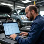 Mechanic Reviewing Online Car History on a Laptop