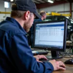 Mechanic reviewing a car's service history on a computer