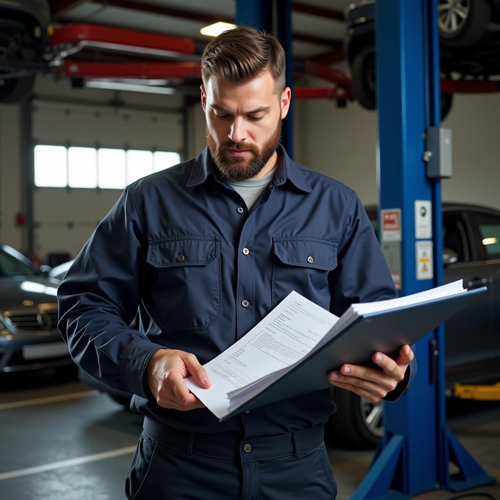 Mechanic Reviewing Car Service Records