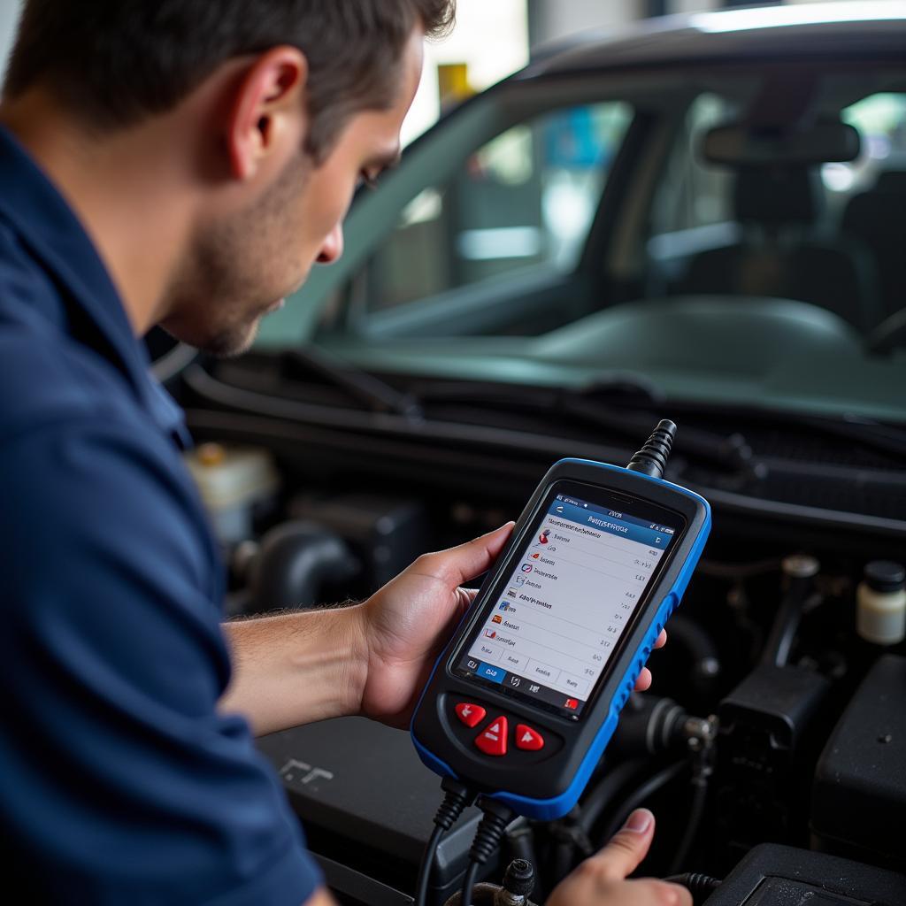 Mechanic Using Diagnostic Tool on Car Engine