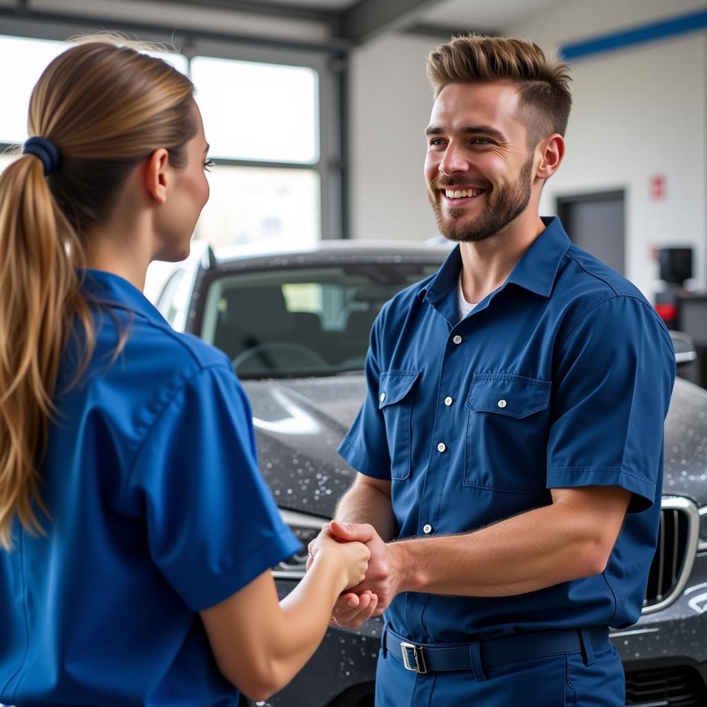 Happy Customer Shaking Hands with Mechanic