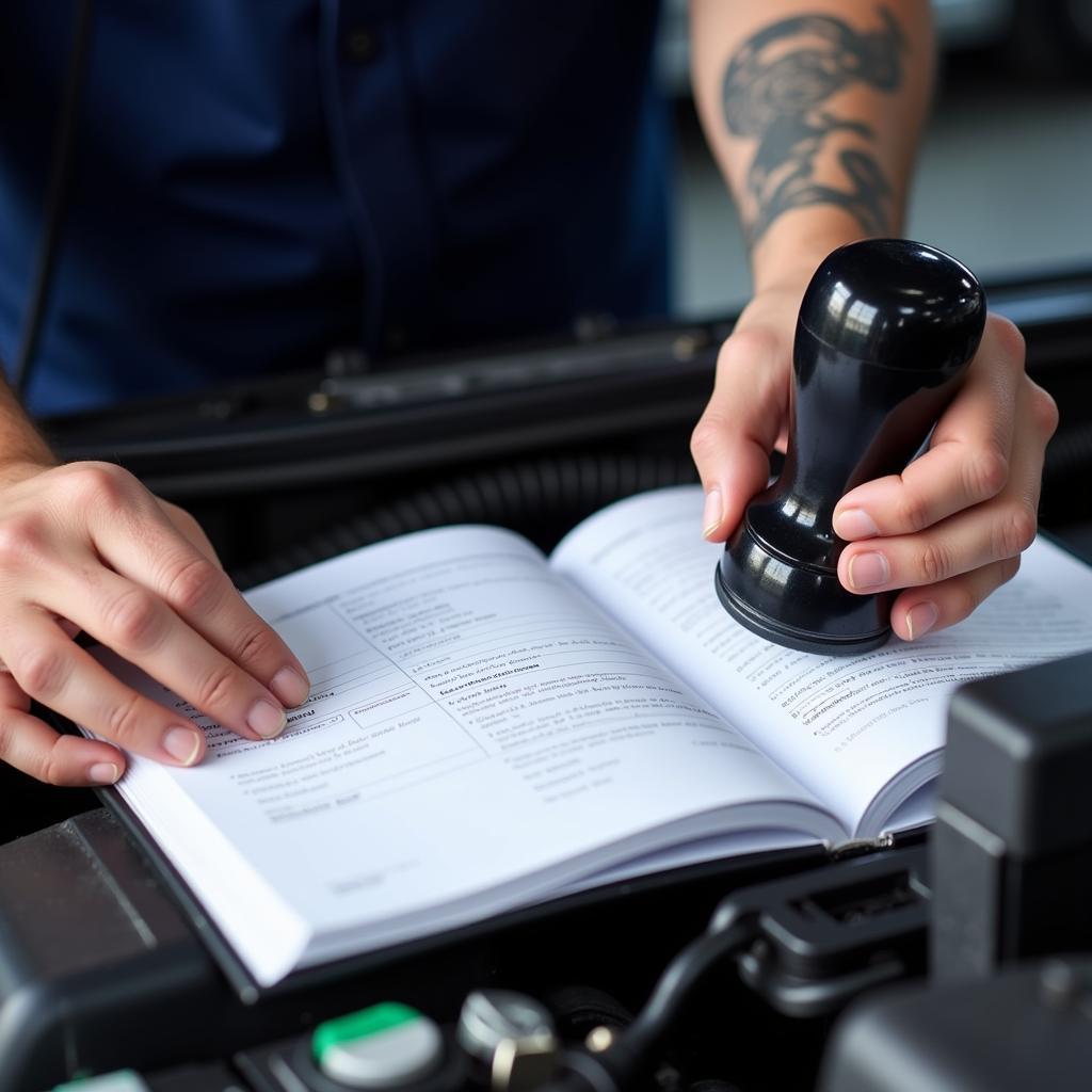 Mechanic stamping a car service book after completing maintenance.