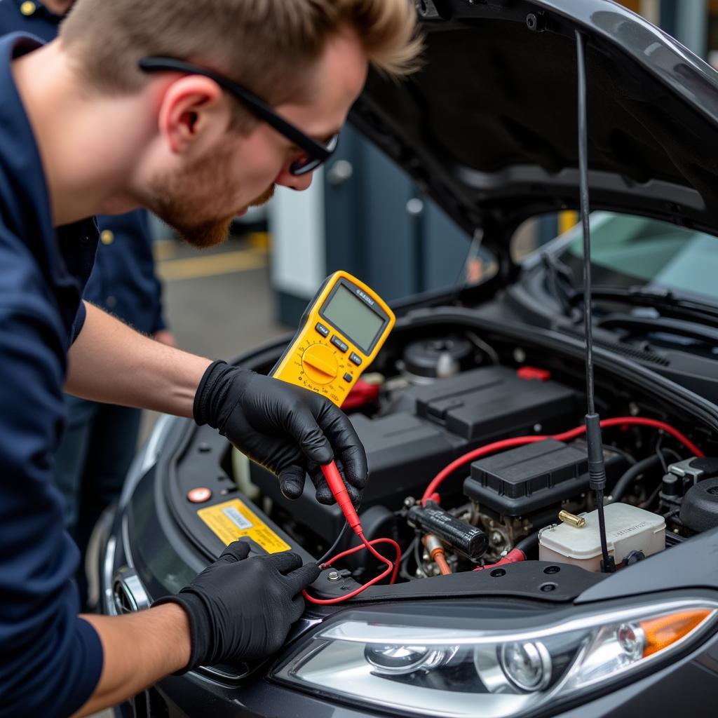 Mechanic Testing Car Battery