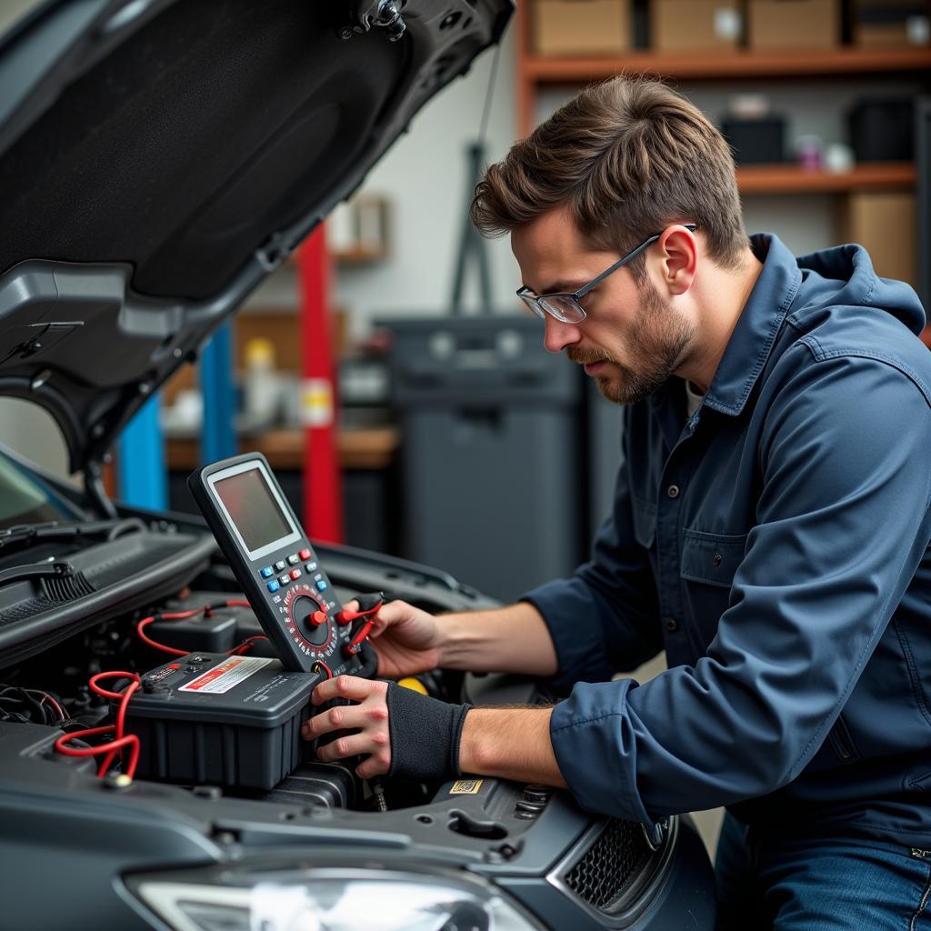 Mechanic Testing Car Battery