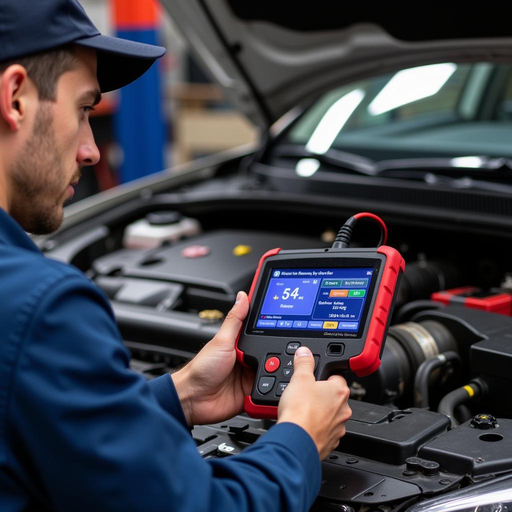 Mechanic Testing Car Battery in Workshop