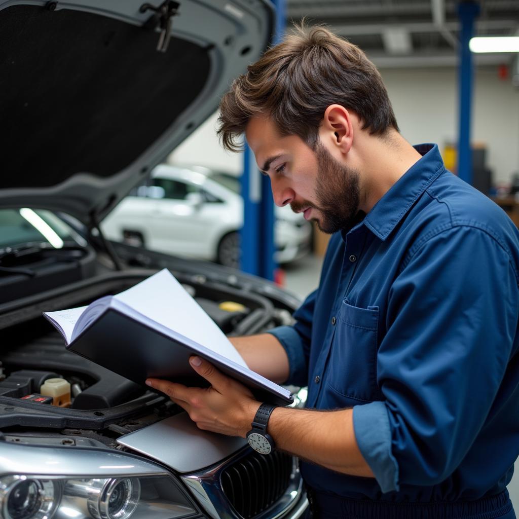 Mechanic diligently updating a car service record book 