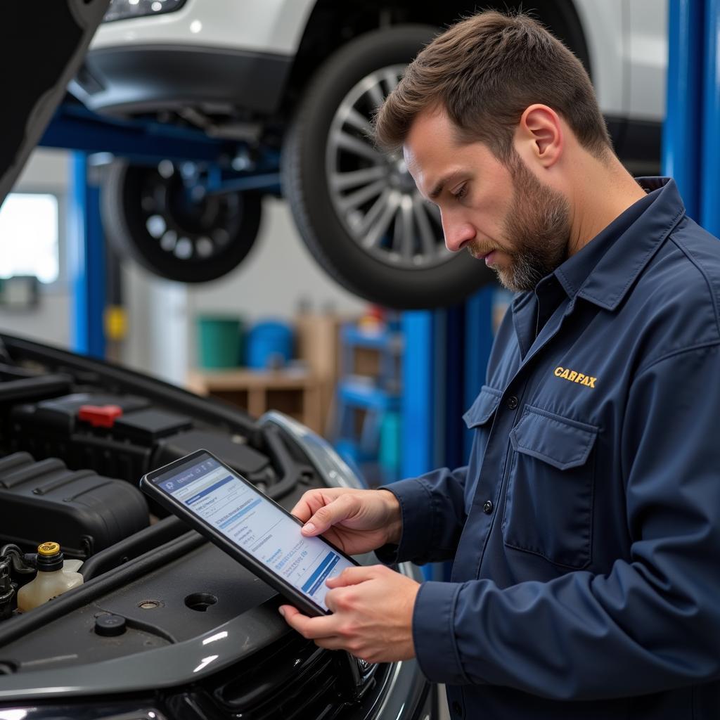 Mechanic updating digital service records on a tablet