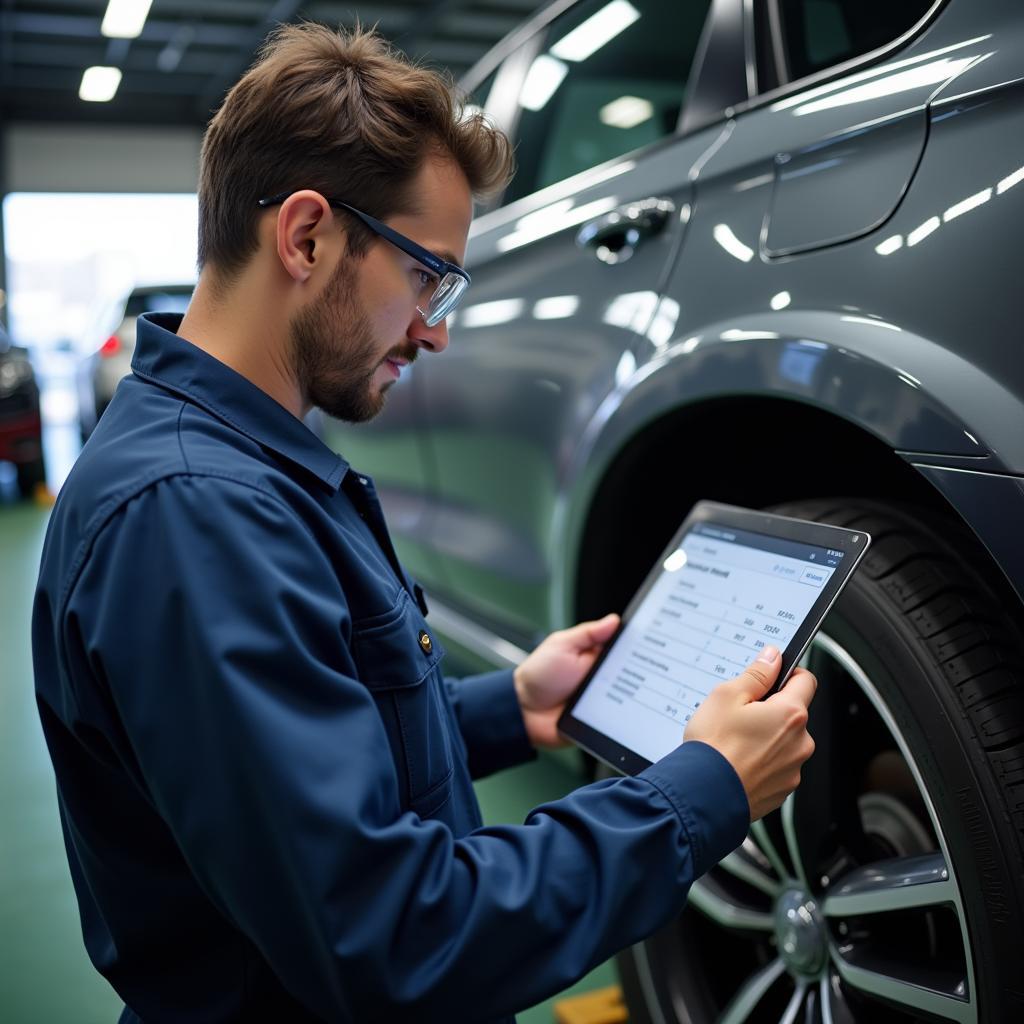 Mechanic updating car service records on a tablet