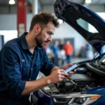 A mechanic in a modern auto shop updates the service status on a digital platform, enhancing transparency.