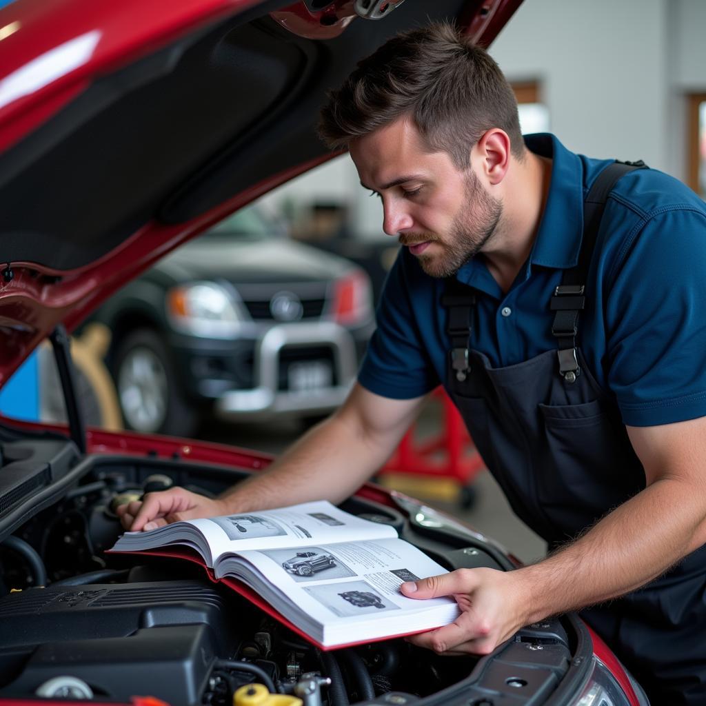 Mechanic Consulting a Car Service Manual While Working