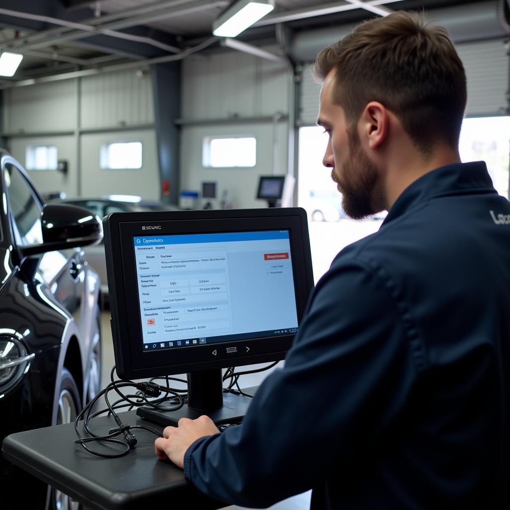 Mechanic Using Diagnostic Equipment in a Garage