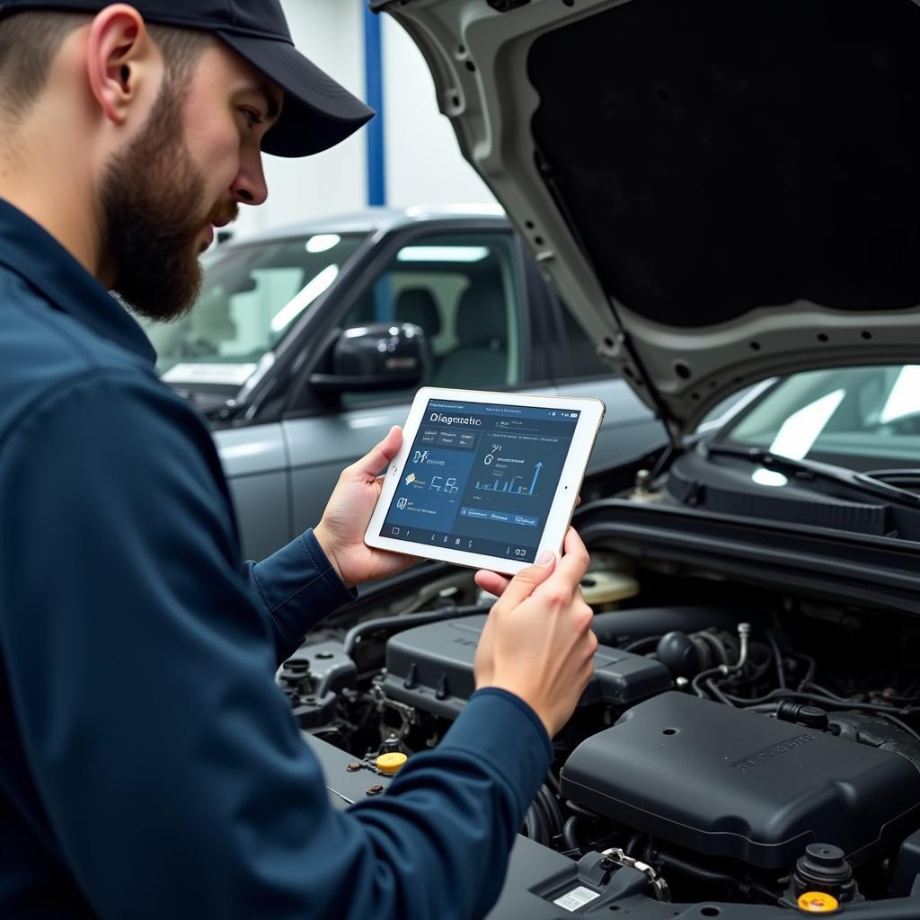 Mechanic using a diagnostic tablet to troubleshoot a car problem