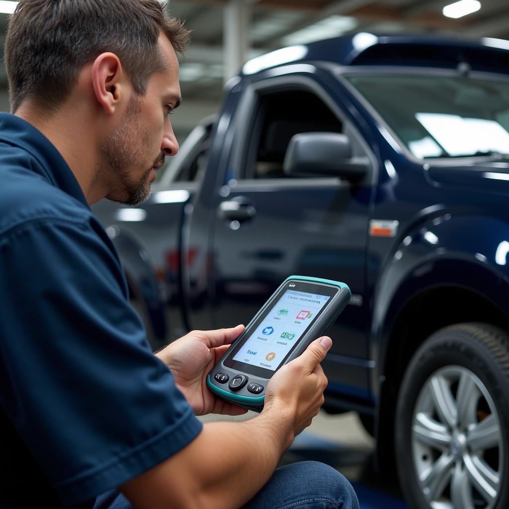 Mechanic Using Diagnostic Tool on Modern Car