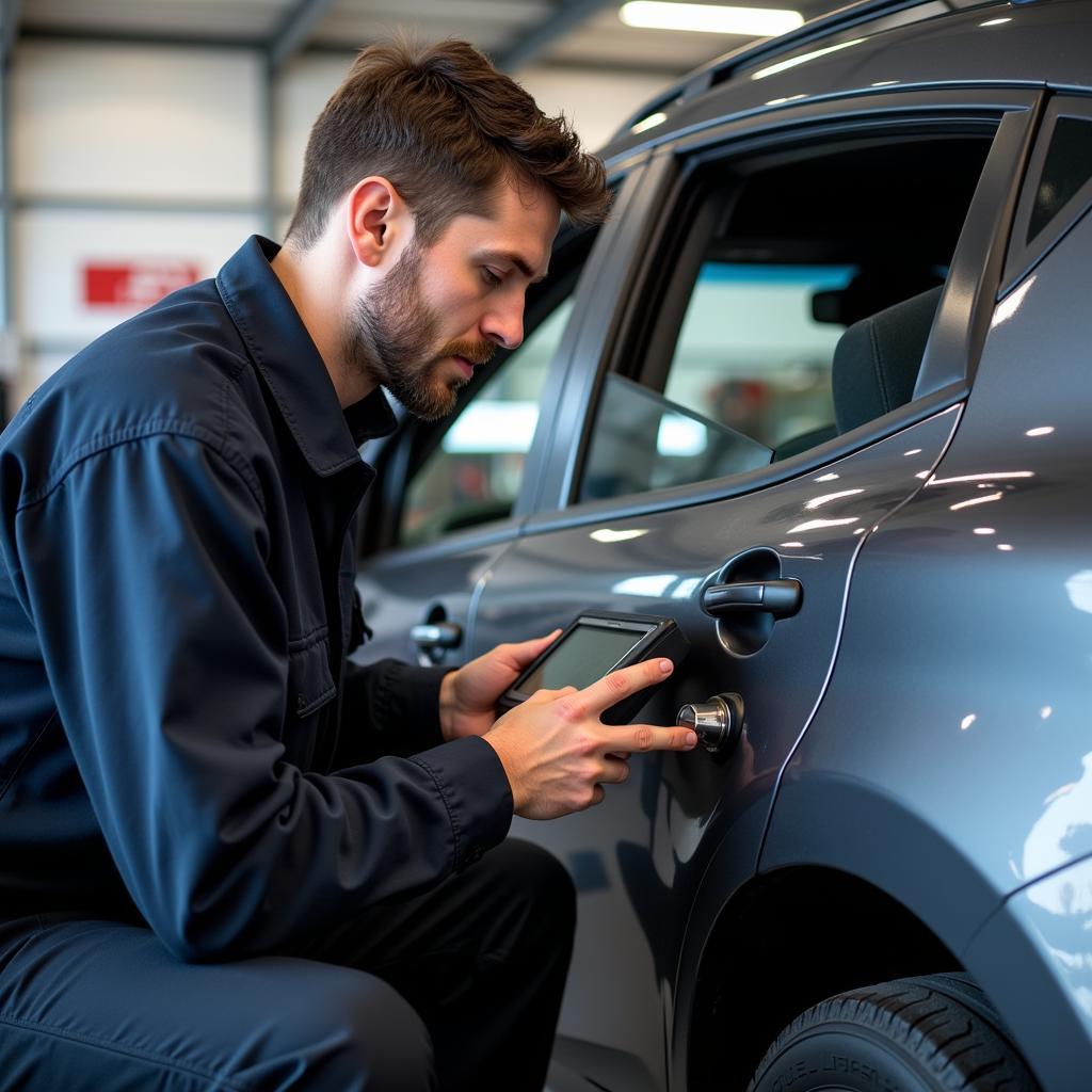 Mechanic using a diagnostic tool on a car