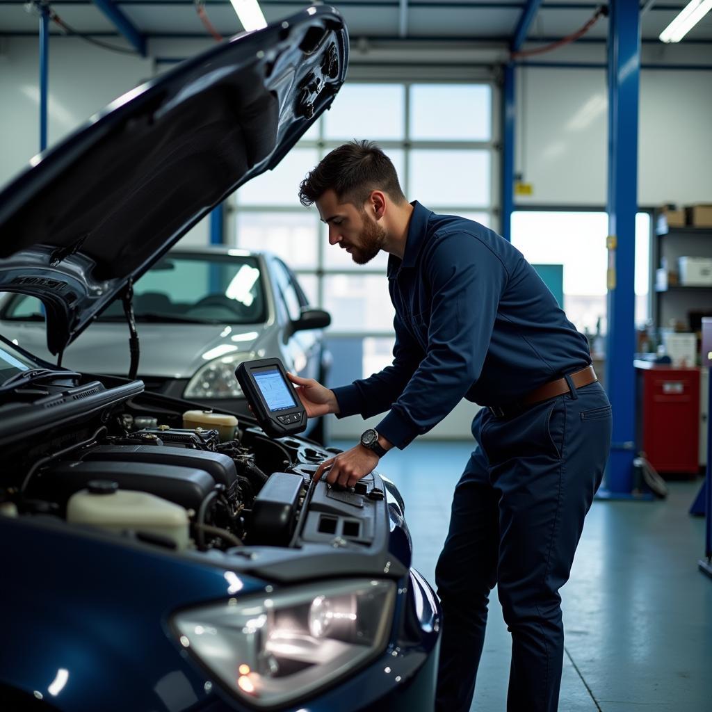 Mechanic using a diagnostic tool on a car in a modern repair shop