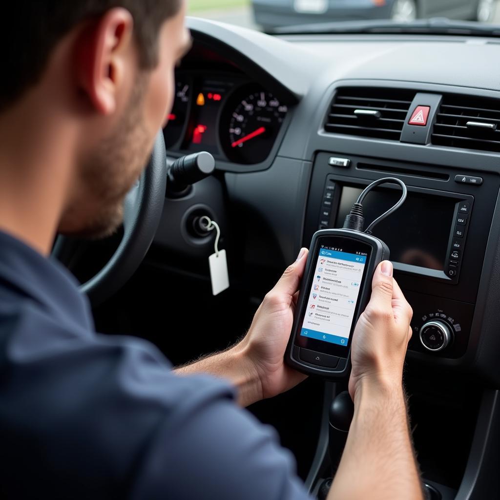 Mechanic Diagnosing Car Issue with OBD-II Scanner