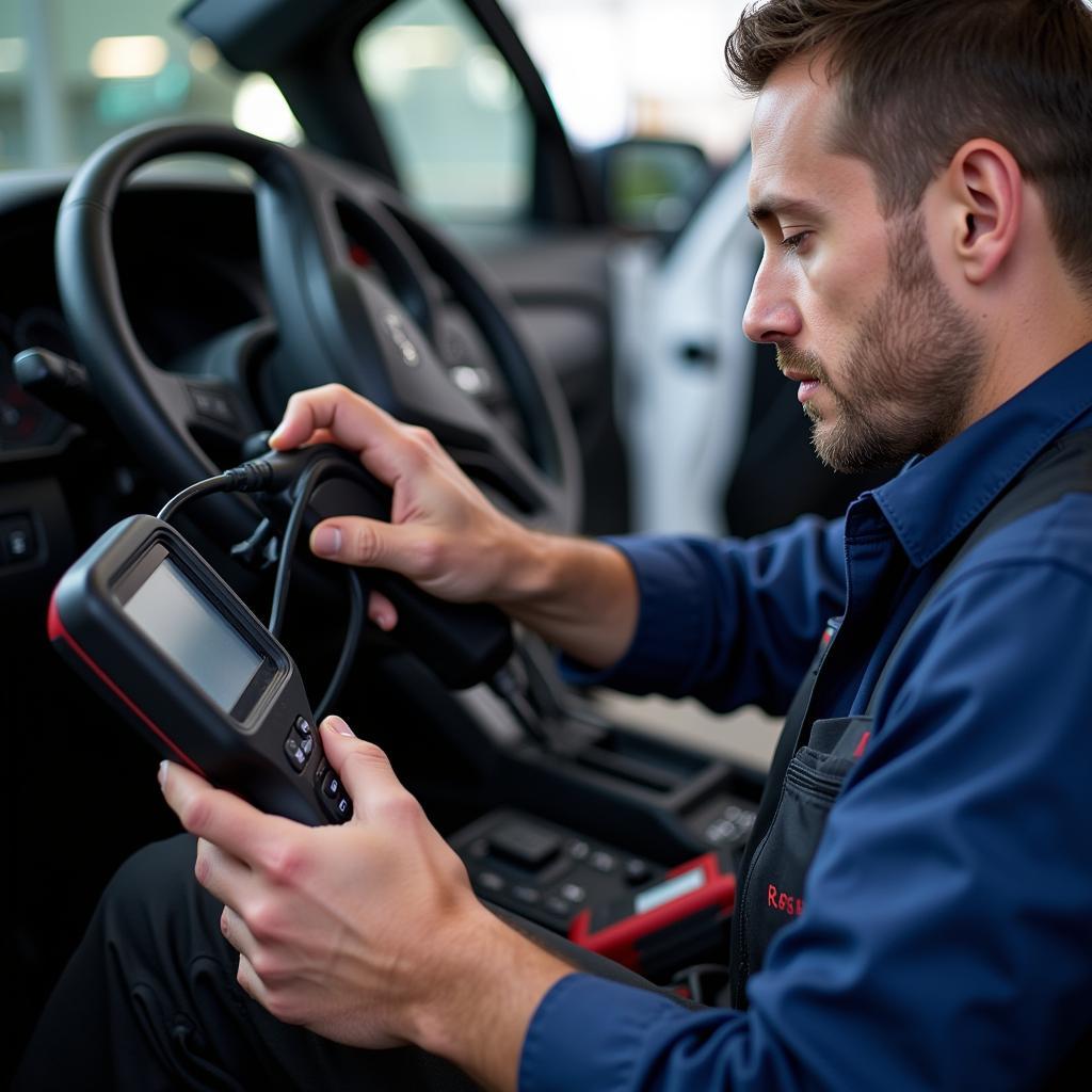 Mechanic using a diagnostic tool on a car in Monroe County, FL