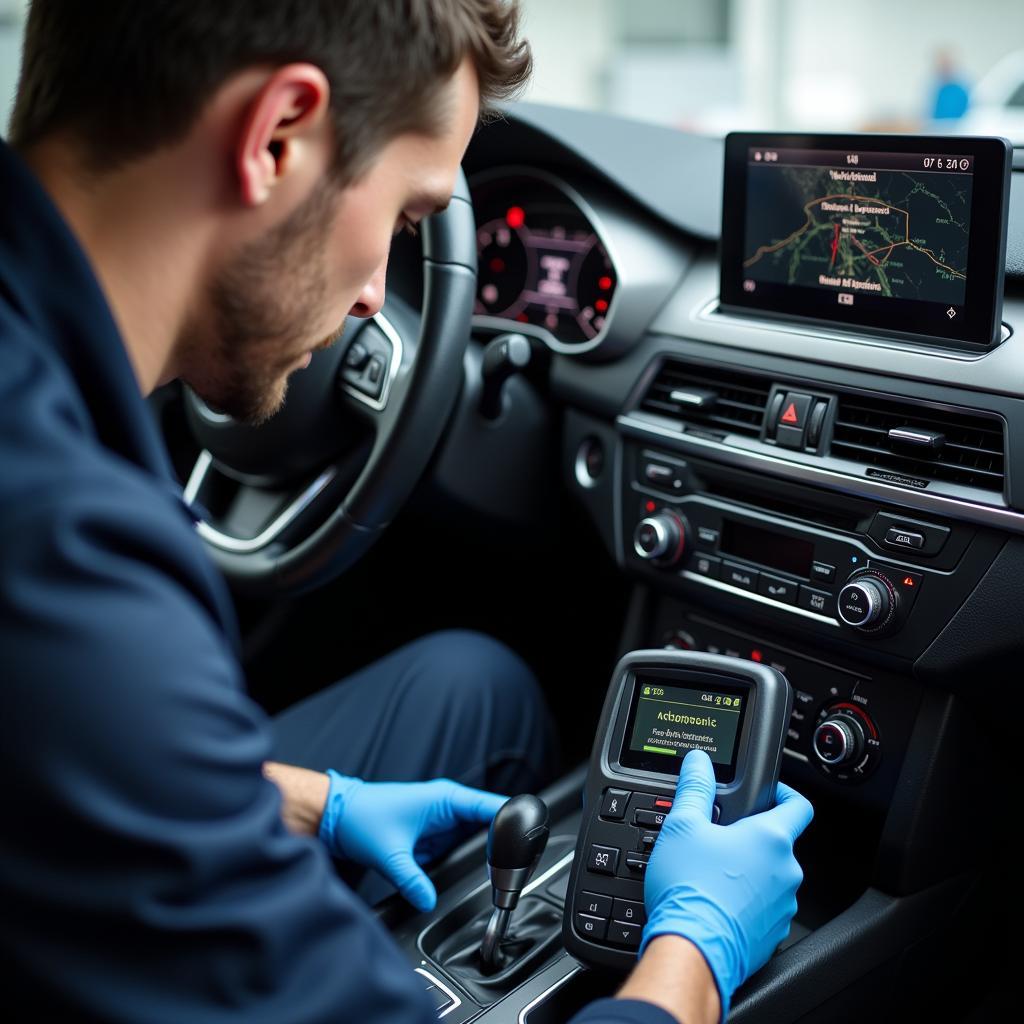 Mechanic Using Diagnostic Tool on Audi