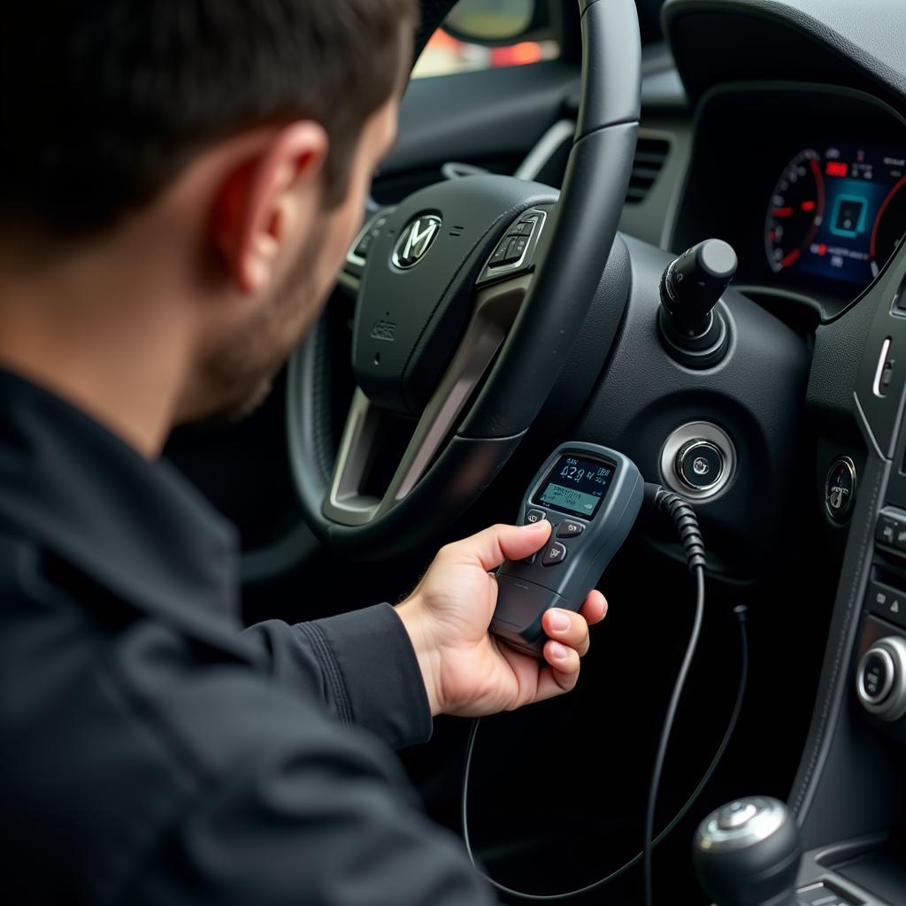 Mechanic using a diagnostic tool on a car