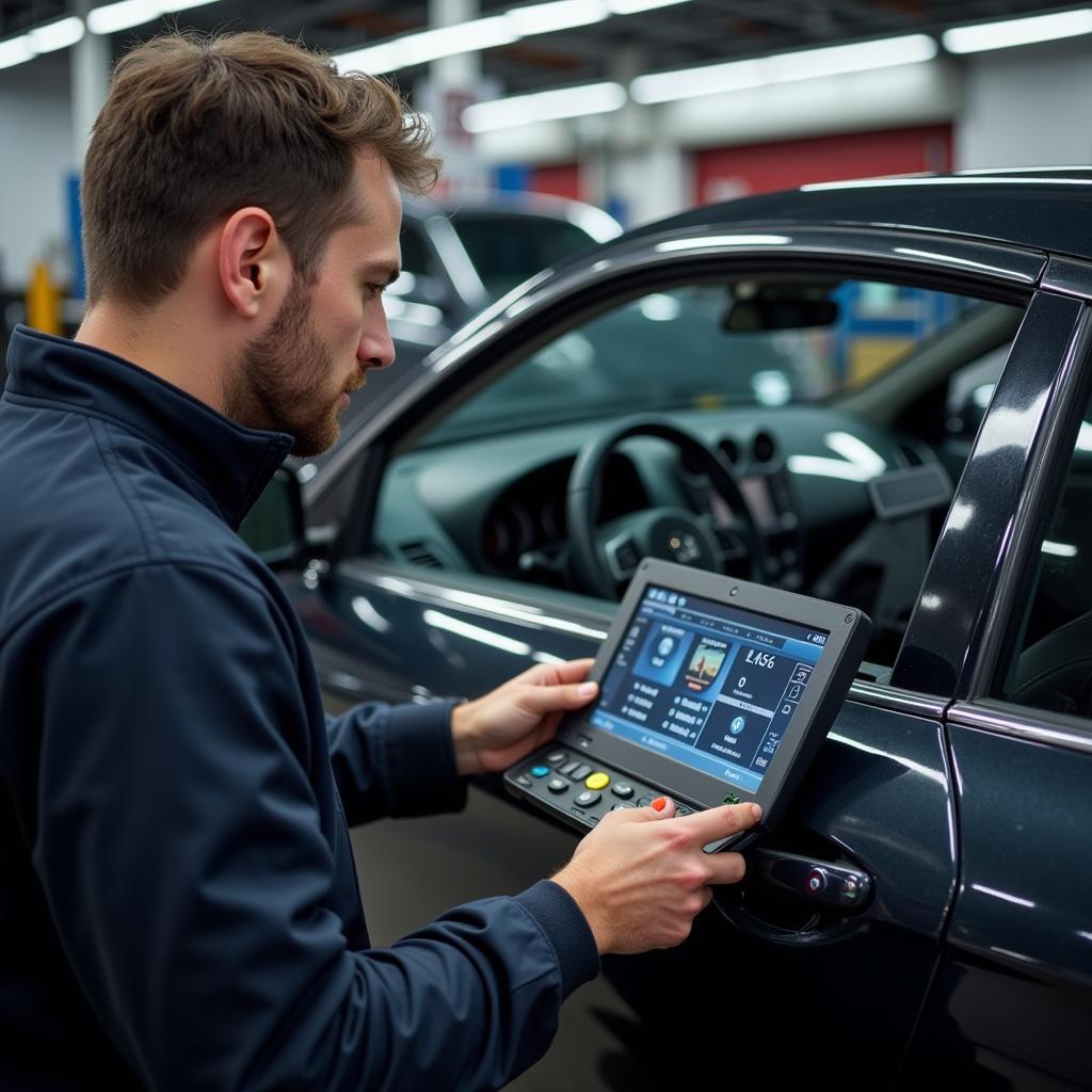 Mechanic Using Diagnostic Tools on Modern Vehicle