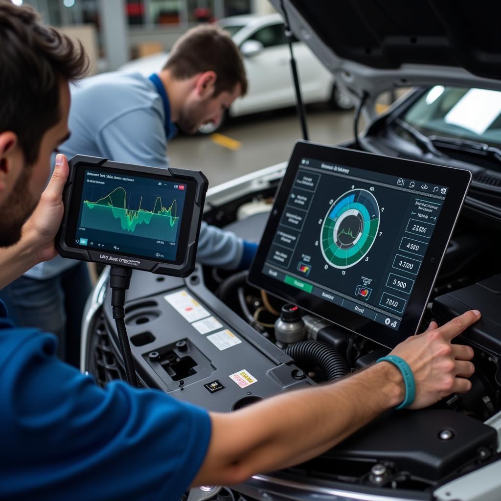 Mechanic Using a Digital Diagnostic Tool on a Car's Engine