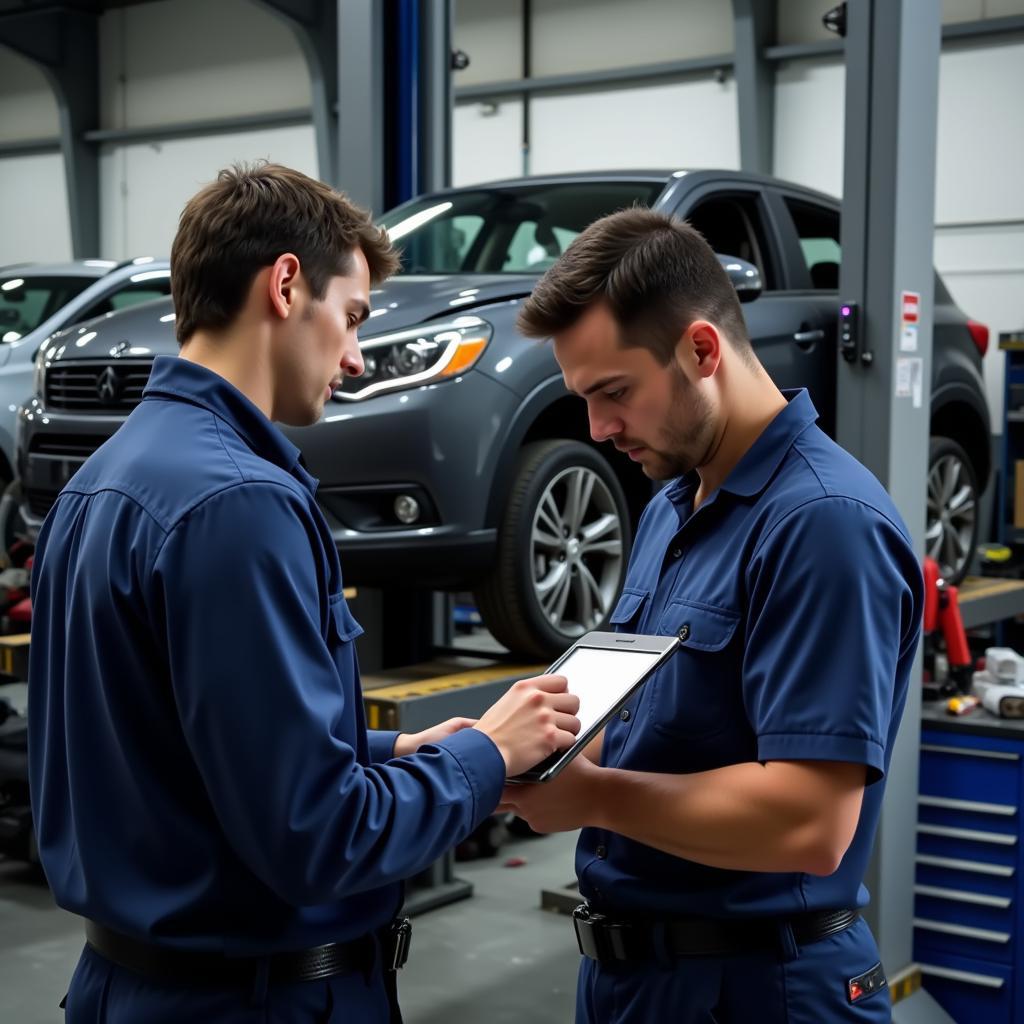 Mechanic using Digital Tablet for Car Diagnosis