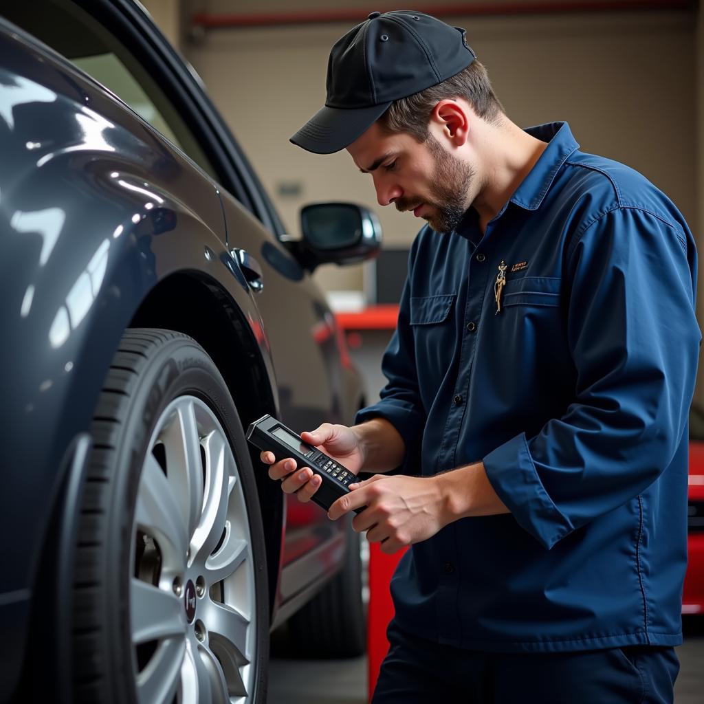 Mechanic Using OBD-II Scanner in Garage