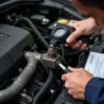 Mechanic using a torque wrench on a car engine, following instructions from a service manual