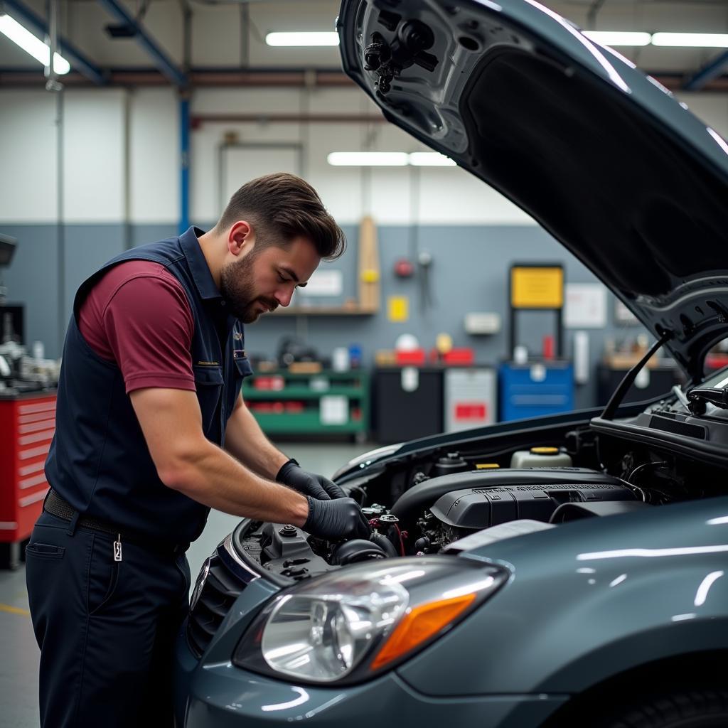 Mechanic Working on Car in Garage