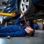 Car mechanic inspecting vehicle undercarriage