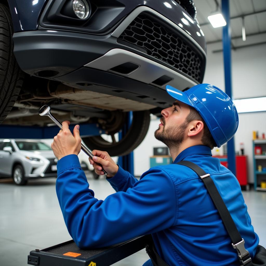 Mechanic Working Under a Car in a Service Center