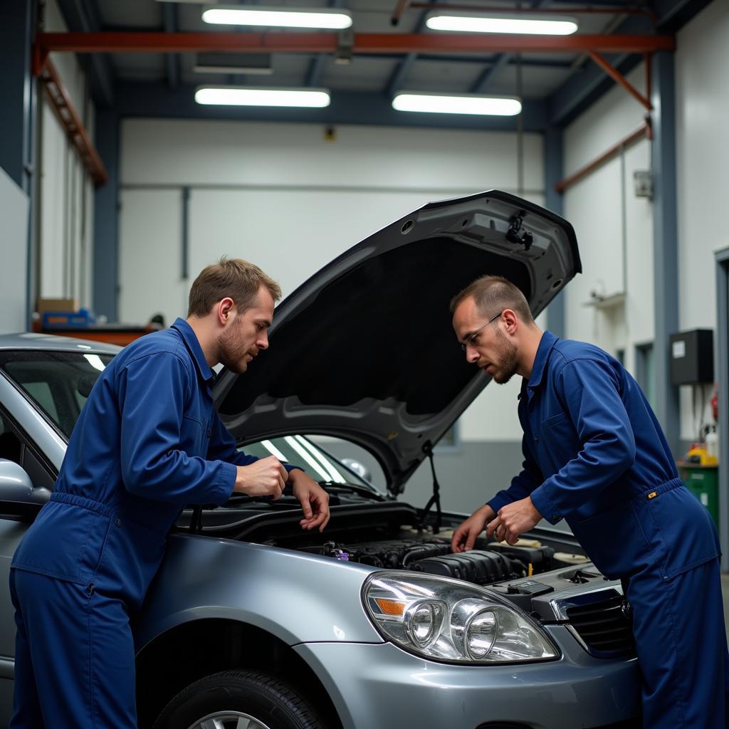 Mechanics working on a car in a modern garage