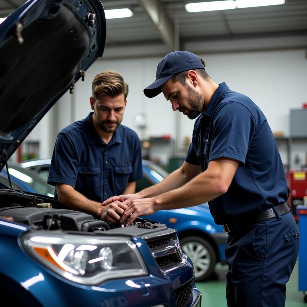 Mechanics working on a car